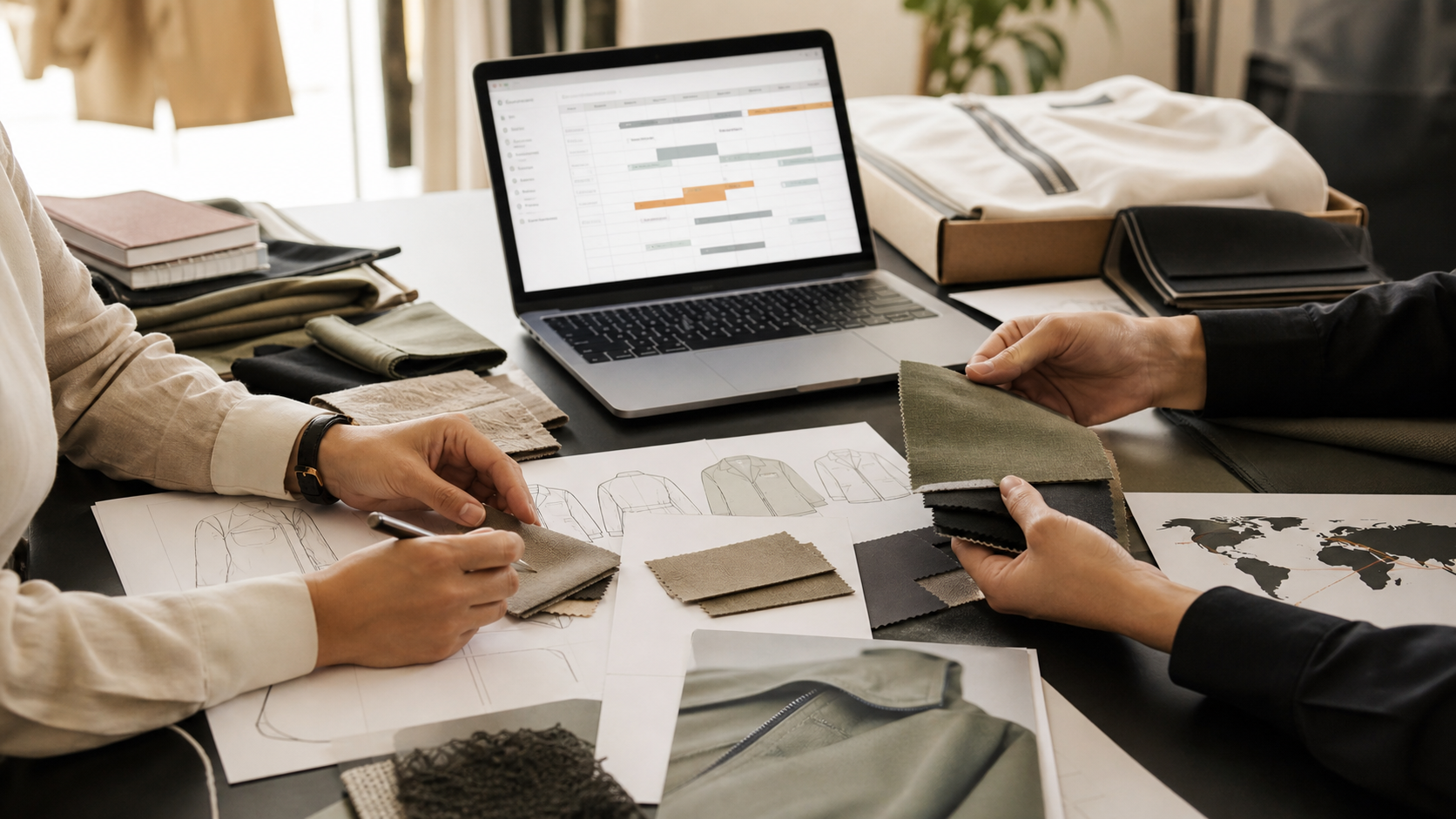 Team business che revisiona piani di sourcing e campioni tessuto